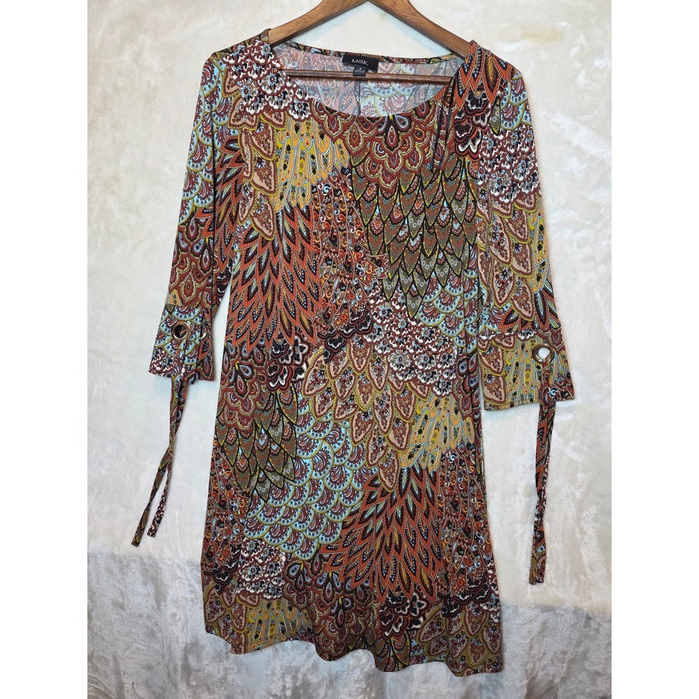 MSK Women Multi Color Peacock‎ Paisley Print 3/4 Sleeve Tie Cuff Shift Dress S